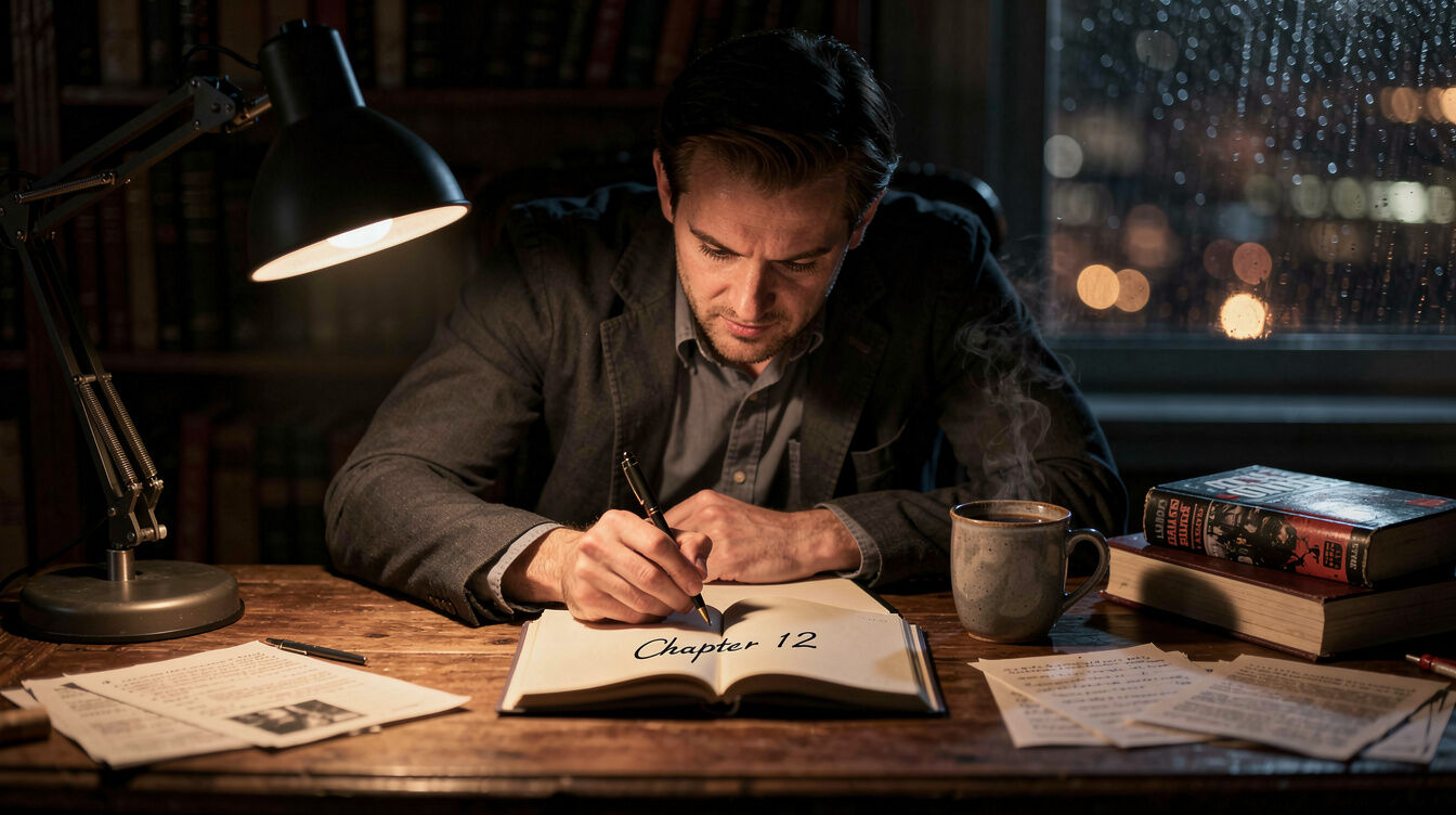 writer at desk with notebook