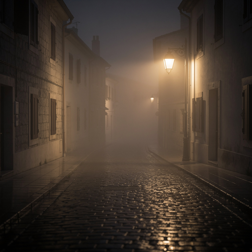 Empty cobblestone street in night fog