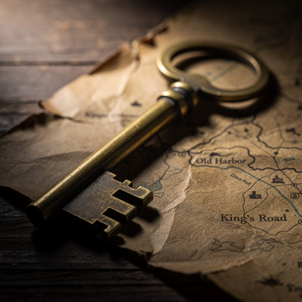 Antique brass key on an old map