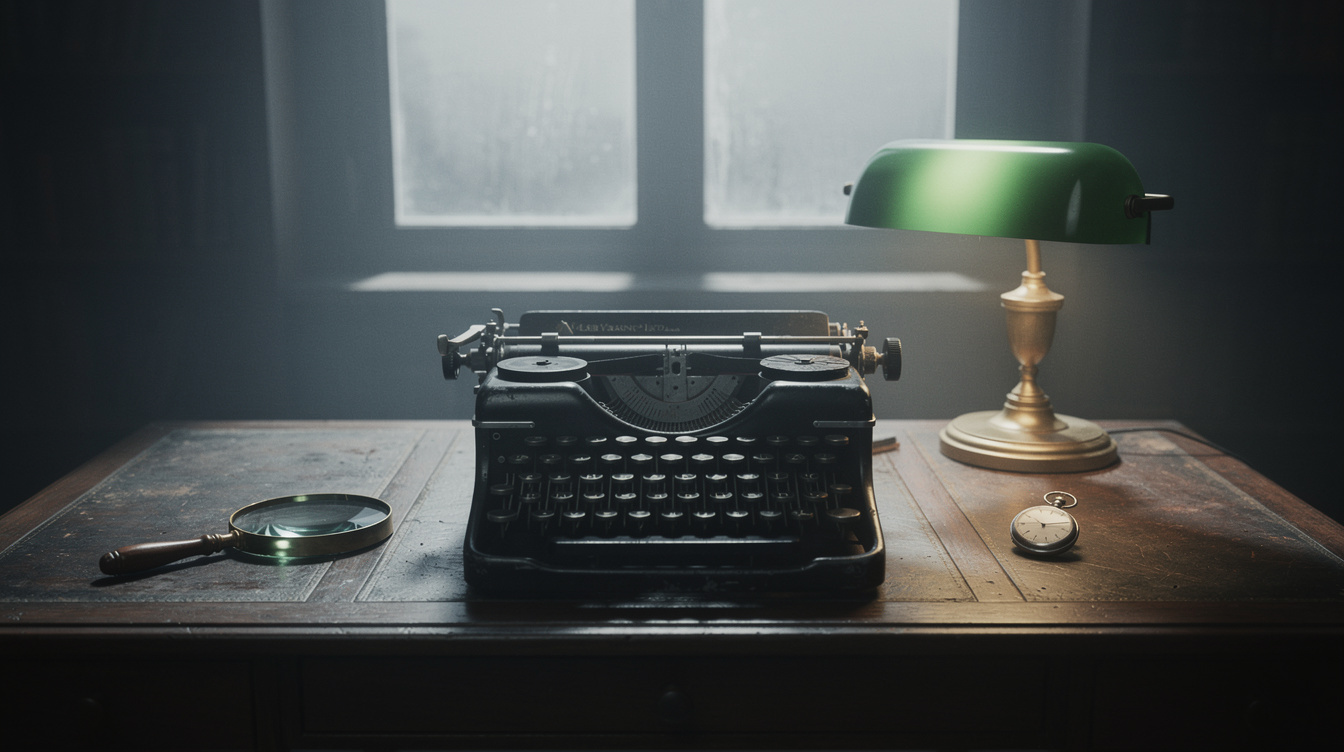 Vintage writer's desk with typewriter and magnifying glass