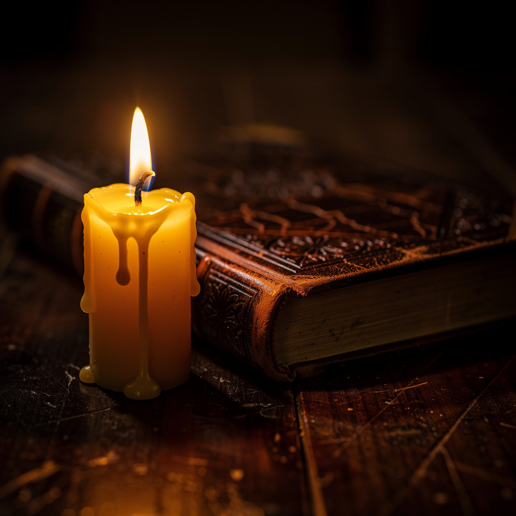 Lit candle beside an old leather bound book