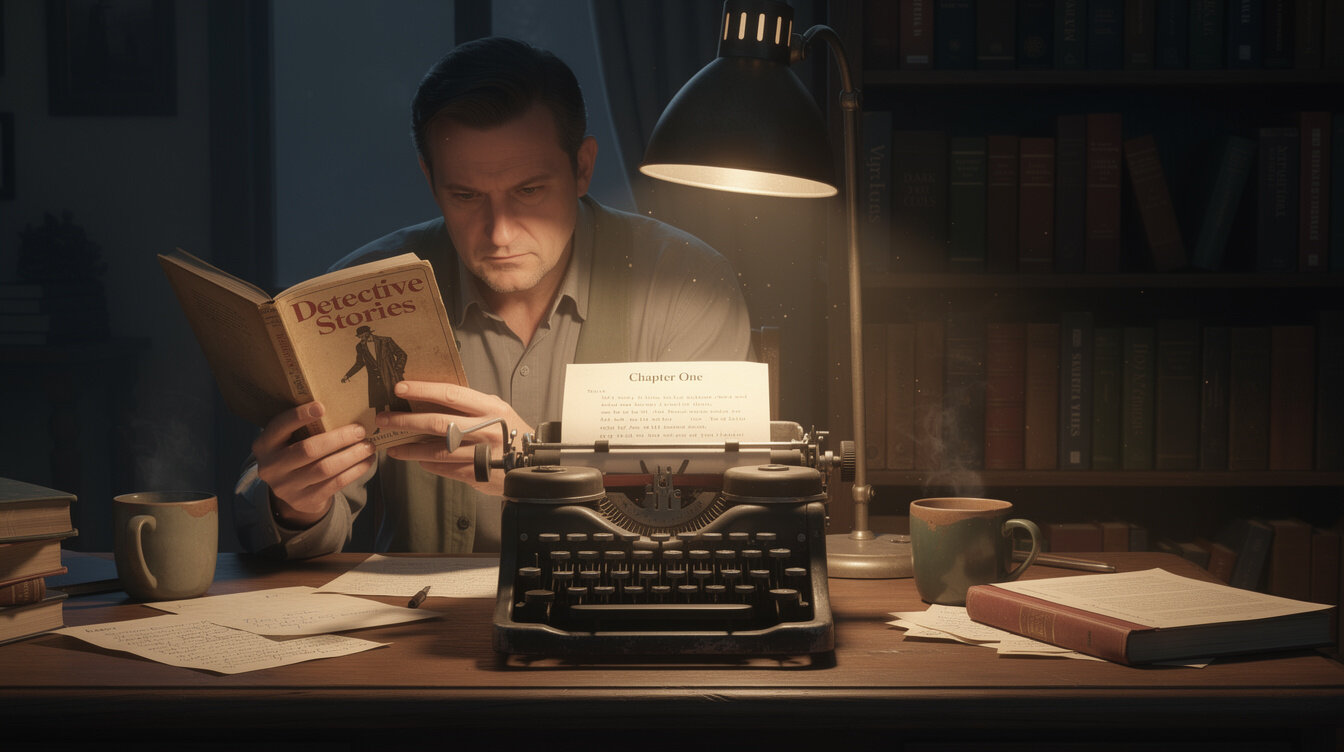 mystery writer at desk