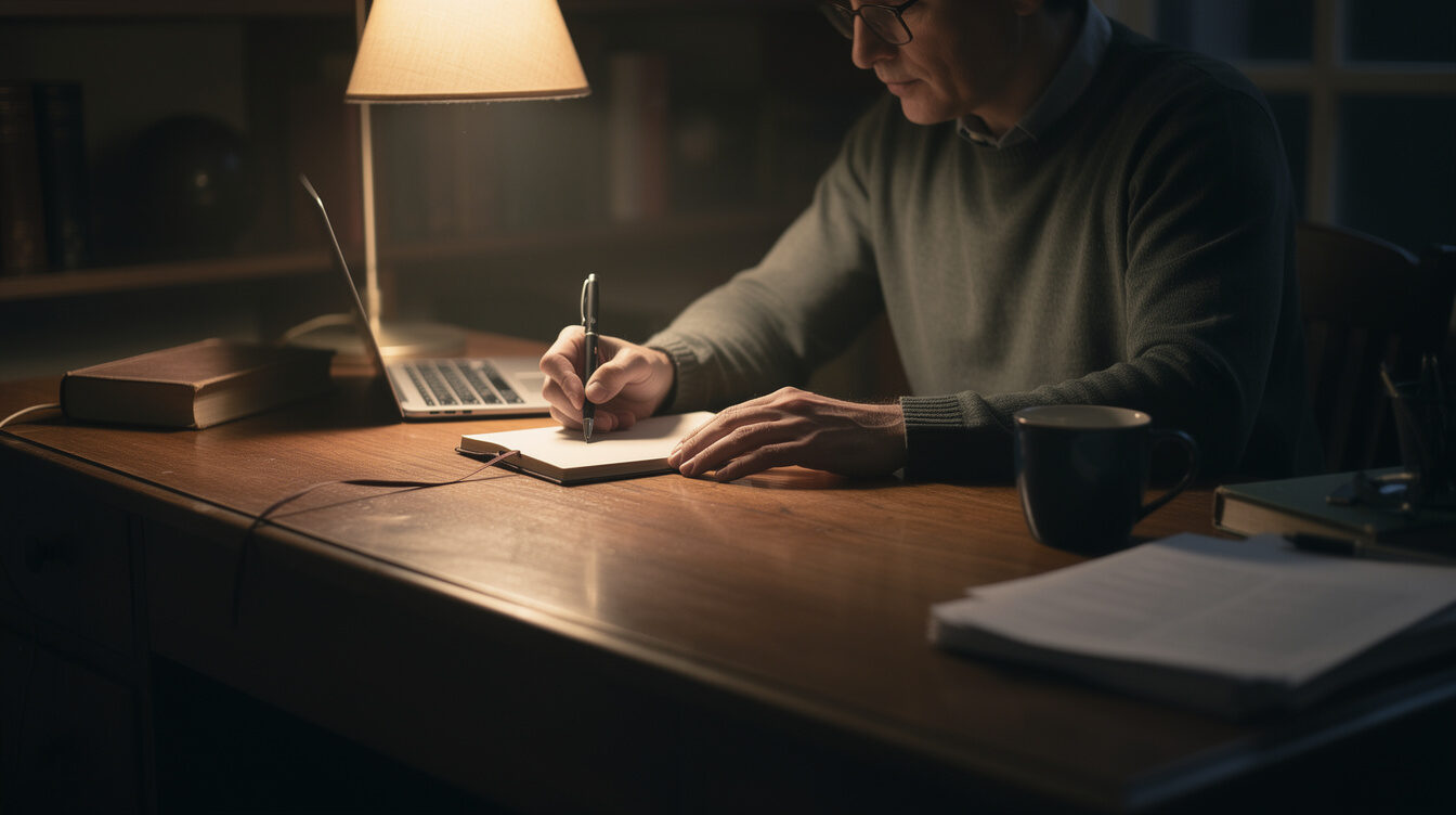 writer at desk with notebook